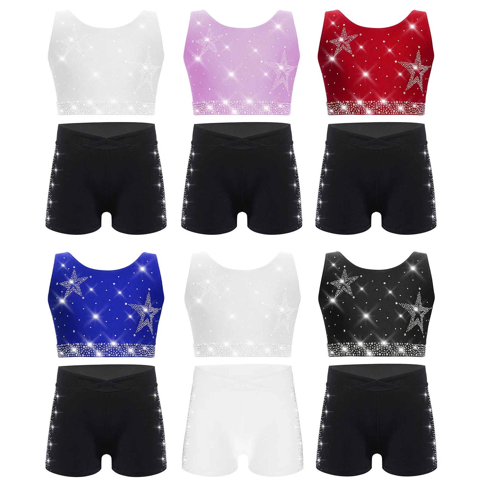

Girls Ballet Dance Set Gymnastics Acrobatics Figure Skating Costume Rhinestones Crisscross Back Tops with Shorts for School Show