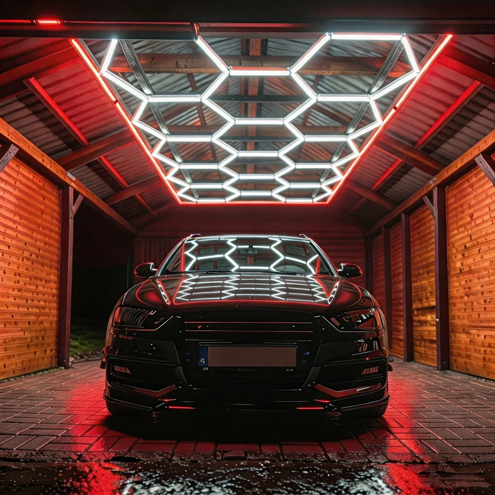 Image of Rot/grün/weiß mehrfarbige Kombination 14-Loch-Waben-Sechseck-Garagenleuchte, lange/kurze ultrahelle LED-Röhre, 220V Spannung, geeignet für Garagen, 4S-Werkstätten, Autowaschanlagen.
