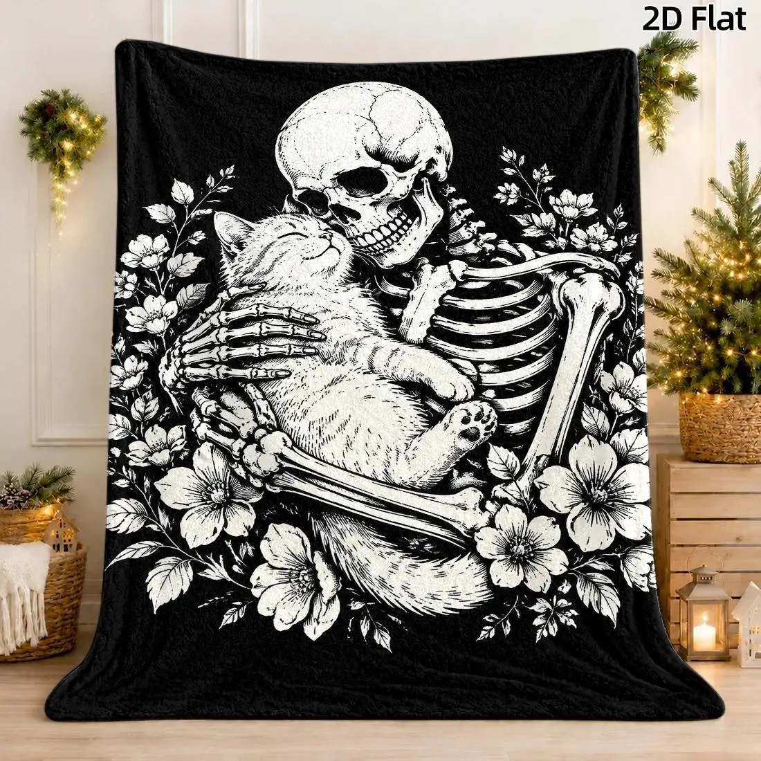1pc 2D Flat DIY Coloring Throw Blanket, Gothic Skull Holding Kitten & Floral Line Art, Home Decor Blanket