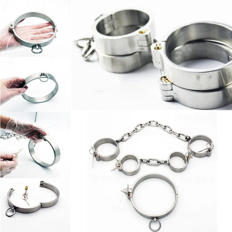 New Real Stainless Steel Neck Collar Wrist Ankle Cuff Restraints Heavy Metal Shackle Bdsm Role Play Sex Toys for Couples