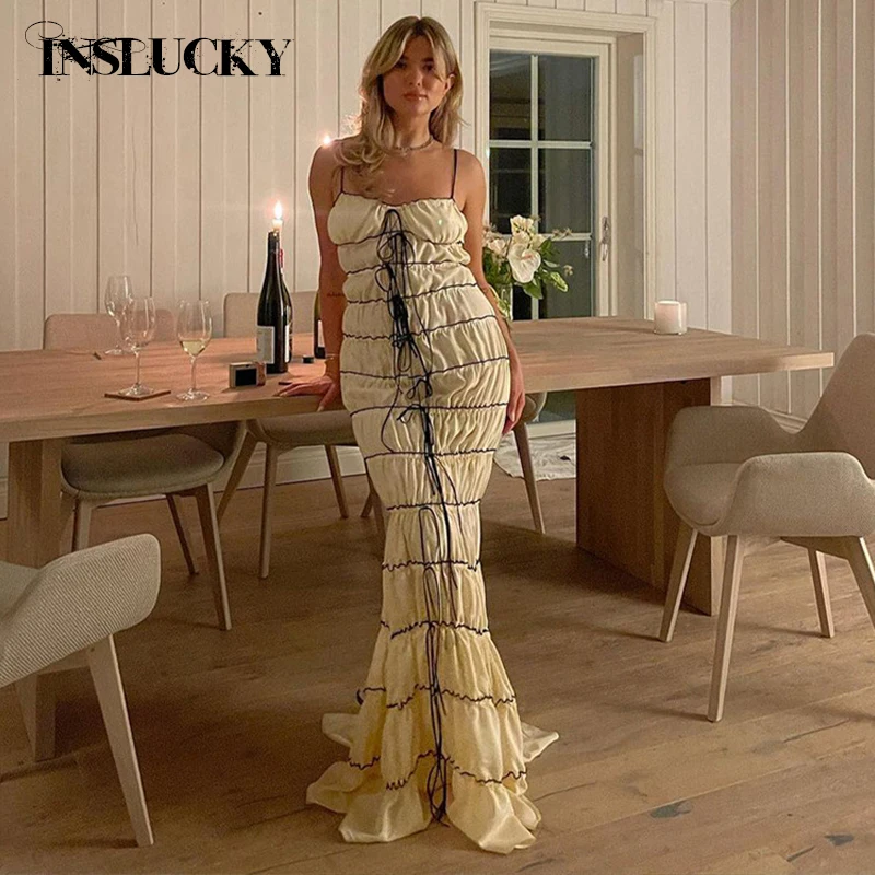 

InsLucky Chic Pleated Bow Lace-Up Suspender Dress For Women Tourist Beach Party Resort Maxi Dresses Summer Elegant Office Lady