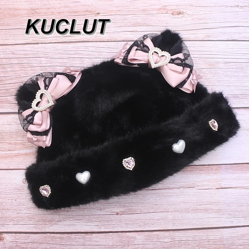 Original Lolita süße schwere Handwerksschleife importierte Spitze Strass flauschige Mütze für Frauen Herbst und Winter warme Damenmützen