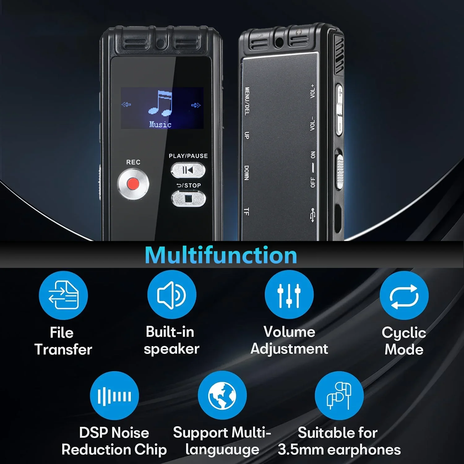Digital Voice Activated Recorder with Playback Hours Audio Recording Device HD Dual MIC Tape Recorder Device fo