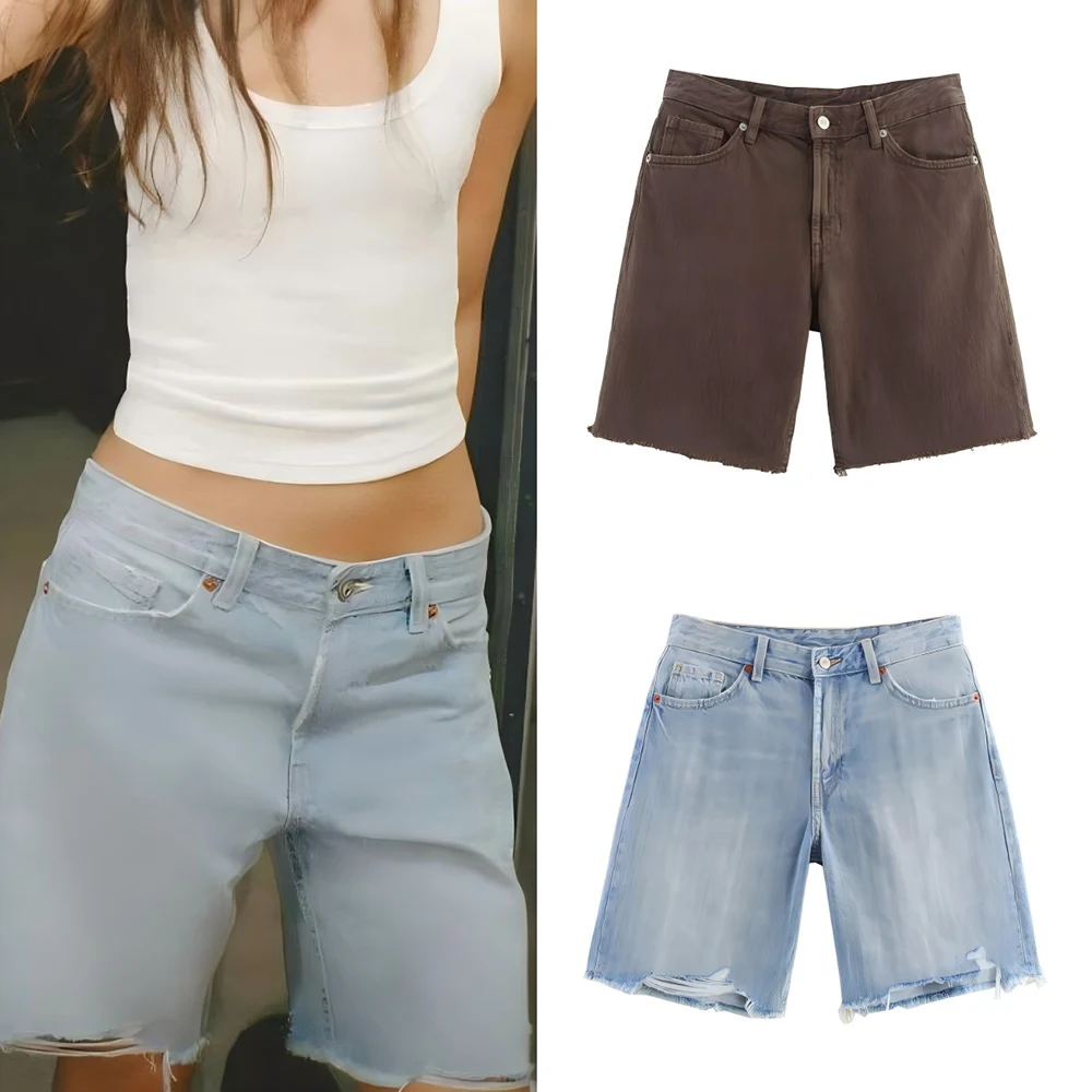 

Women's new chic fashion hole decoration casual mid rise denim Bermuda shorts retro side pocket zipper women's shorts