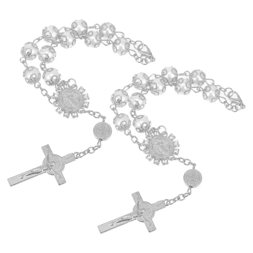 

2Pcs Mirror Cross Hanging Ornament for Car Elegant Metal Lace Design with Glass and Imitation Pearl Auto Rosary Pendant Interior