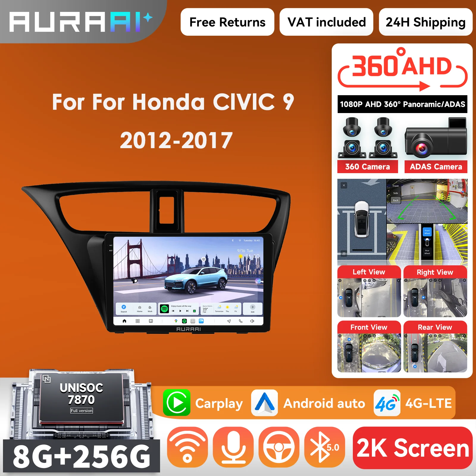 AURAAI X100 Schermo Intelligente Android per Auto Honda Civic 9 9a Generazione 2012-2017, Carplay, Android Auto, Radio, ADAS, Telecamera 360°, Doppio Microfono