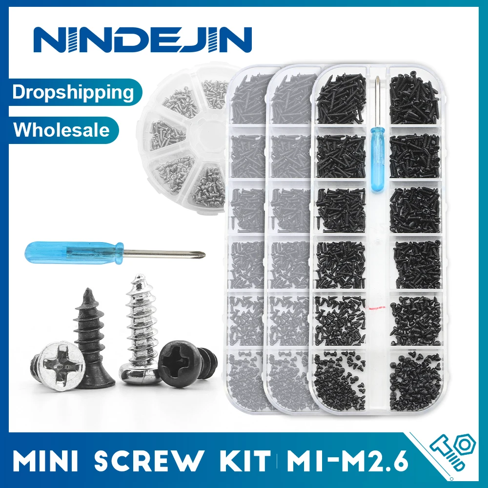 NINDEJIN Phillips Micro Screw Kit M1 M1.2 M1.4 M1.7 M2 Carbon Steel Electronic Small Tapping Screw Set for Glasses Phone Watches