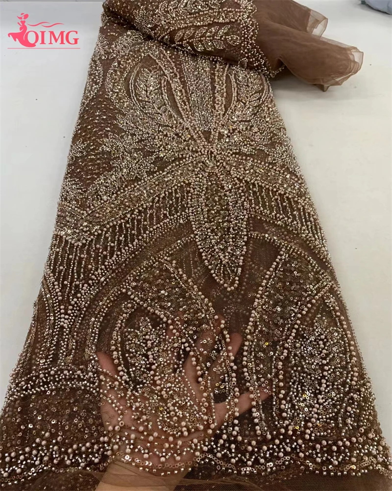 

OIMG Elegant French Embroidery Heavy Beaded Net Lace Fabric, African Nigerian Heavy Mesh, Shiny Sequins, Wedding Dress, 2024