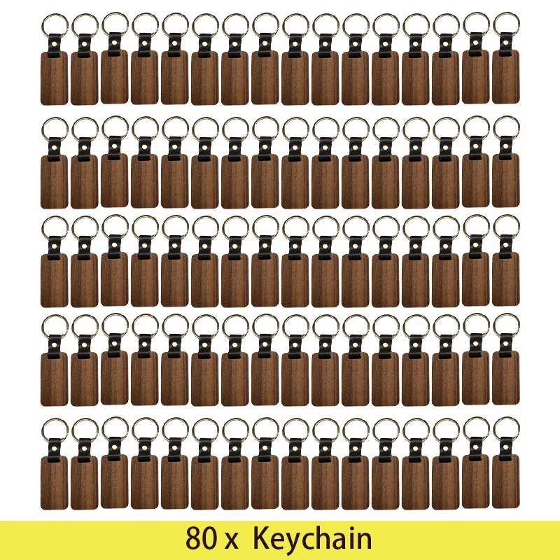 

80pcs Unfinished Wood Keychain Blanks Rectangle Leather Keychain Blank Wooden with Keyring for DIY Gift