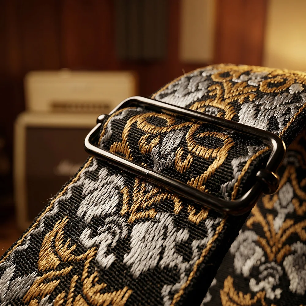Vintage Pattern Embroidered Guitar Bass Strap Thickened Widened Brown Leather End Shoulder Sling for Electric Guitar - view 5