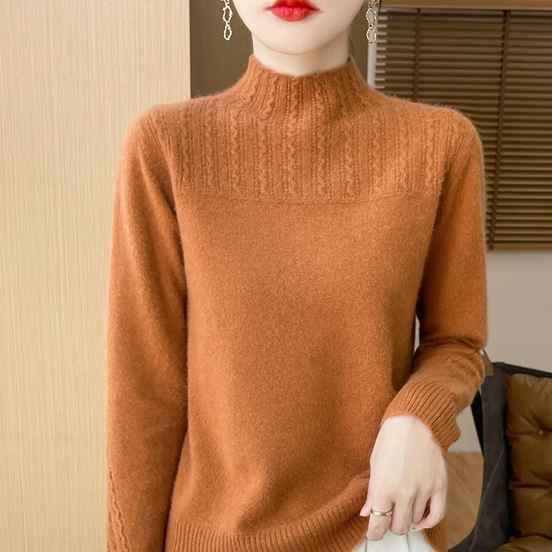 Women Winter Sweaters 100% Pure Wool Pullovers High Collar Long Sleeve Standard Cashmere Knitwears 2024 Autumn/Winter Female Top