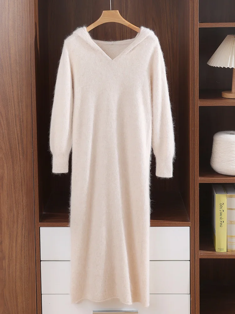 TLOML المرأة 100% المنك الكشمير فستان هوديي البلوز نمط غير رسمي الخريف الشتاء الصلبة لينة الدافئة الكشمير محبوك فستان طويل #1