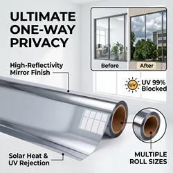 One Way Mirror Privacy Window Film Self Adhesive Reflective Anti UV Heat Control for Home Office Glass Door