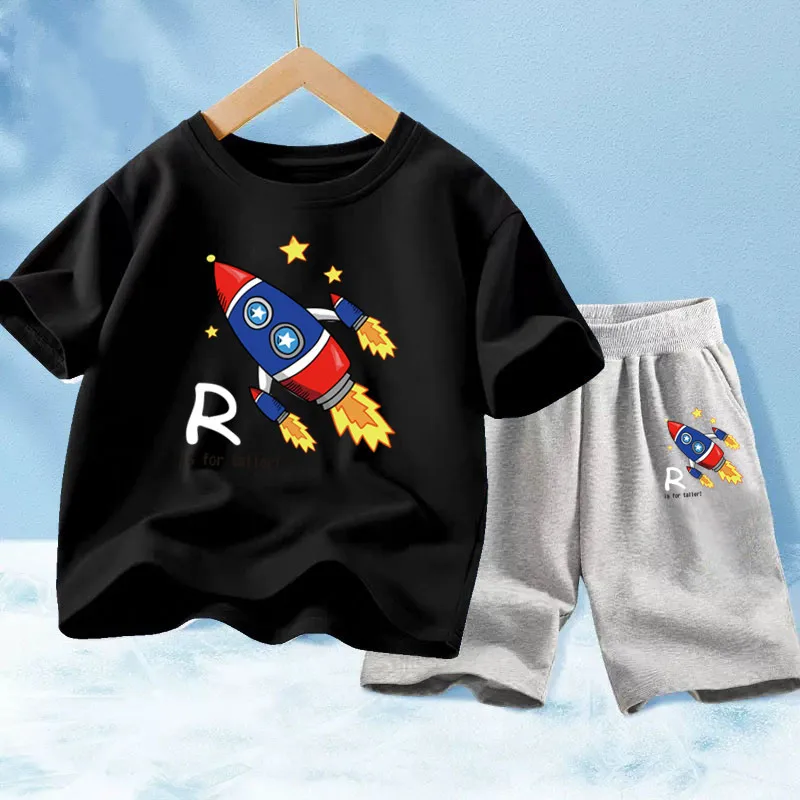 New Summer Baby Girls Clothes Suit Children Boys Fashion Cartoon Rocket T-Shirt Shorts 2Pcs/Sets Casual Costume Kids Tracksuits