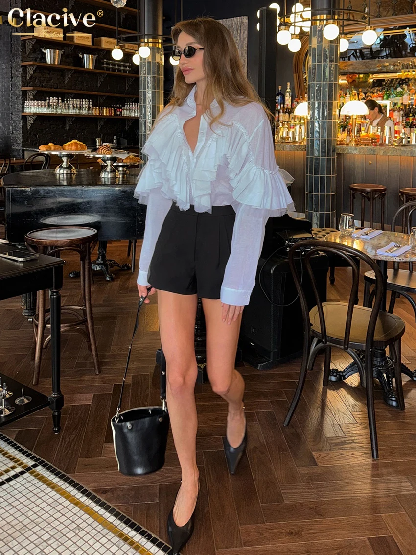Clacive Fashion Loose White Women's Shirt 2025 Casual Lapel Long Sleeve Shirts Elegant Classic Ruffle Solid Top Female Clothing