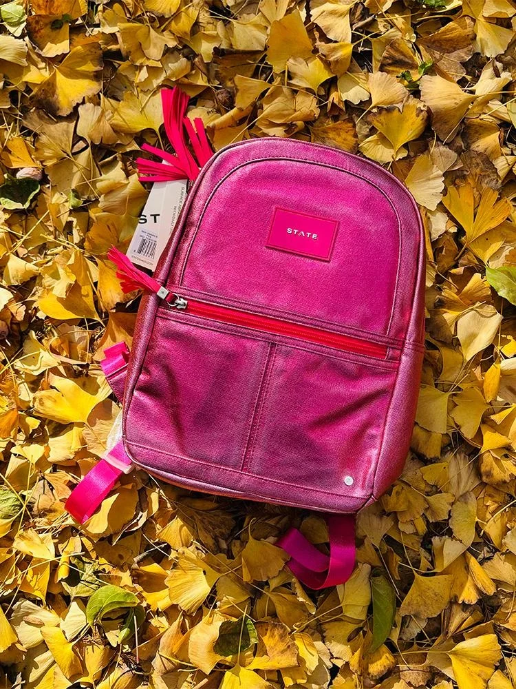 Shiny Peach Red Student Backpack State Metallic  Kids Macaron Style British Fashion Vertical Square Shape Zipper Closure ...