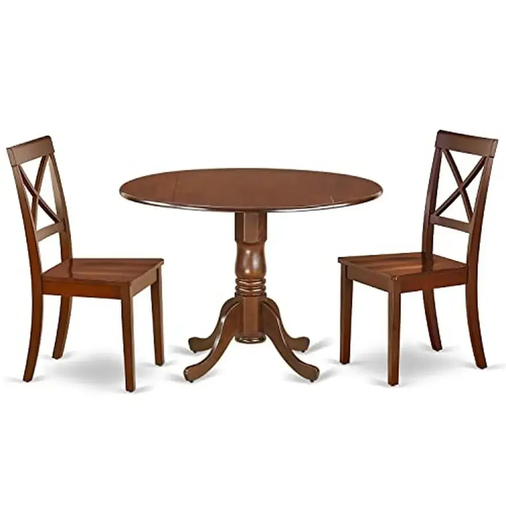 3-Piece Modern Mahogany Dining Table Set with Dropleaf Wood Table and 2 Chairs 42x42 Inch Solid Wood Pedestal Legs Dining Room