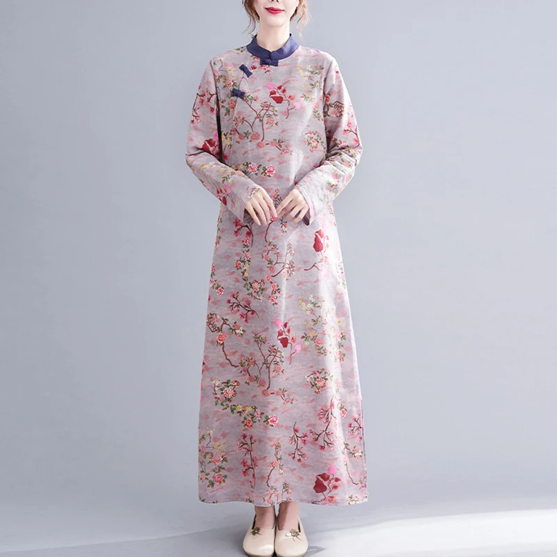 Long Sve Floral Print Cotton Linen Dr Stand Collar Button up  Loose Maxi a Line Skirt Women's Faion
