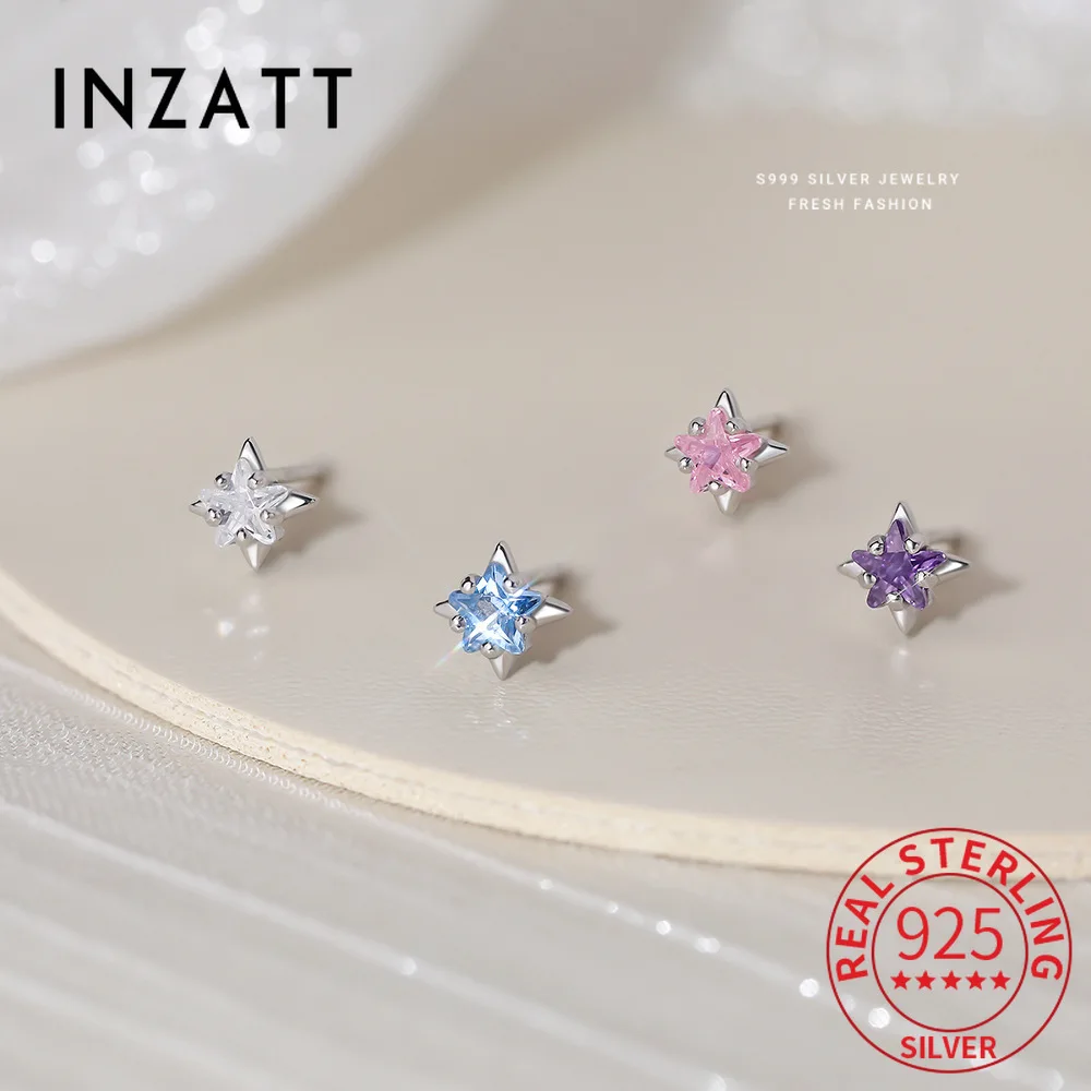 

INZATT Real 925 Sterling Silver Zircon Star Mini Stud Earrings for Women Party Cute Fine Jewelry Minimalist Accessories