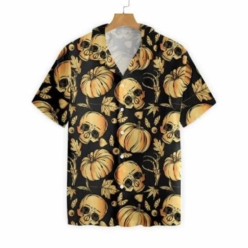 Men\'s Pumpkin Head Printed Shirt, Cuban Collar, Holiday Party Shirt, Casual Street, Short Sleeved, Fashionable, Halloween