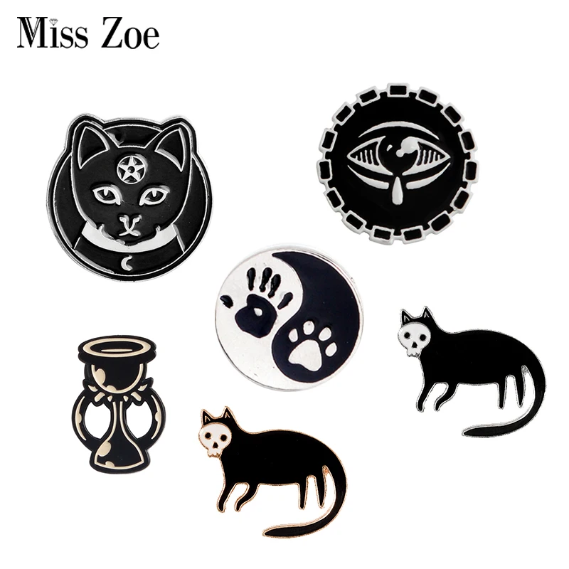 Enamel Pins Hourglass Cat Paw Tear Eye Badges Custom Brooches Bag Clothes Lapel Pin Punk Black Witchcraft Jewelry Witch and Cats