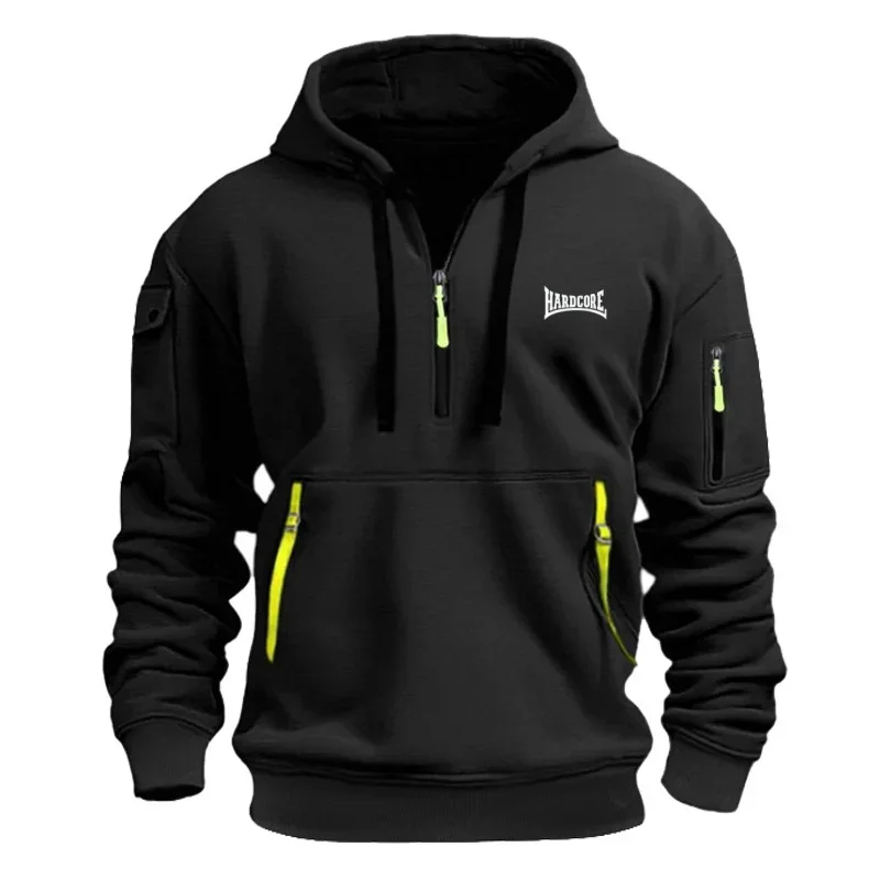 

New Fashion and Casual Loose Hoodies for Men, Long-sleeved Half-zipper Multi-pocket Ribbon Pullovers for Autumn and Winter