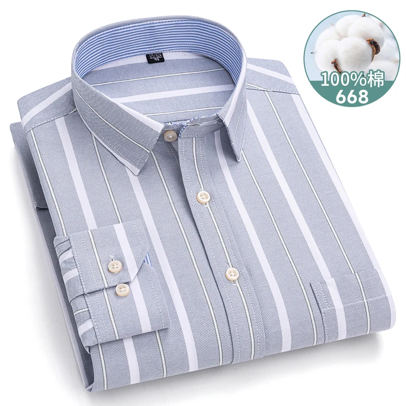 7XL-6XL-5XL Men's Long Sleeve Shirt 100% Oxford Cotton Soft Comfortable Classic Stripe Grid Solid Color Purple Casual Party Top