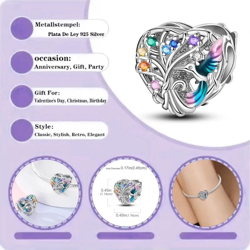 

Красочный бисерный шарм в форме сердца с изображением колибри - оригинальное серебро 925 пробы, идеально подходит для браслетов и изготовления украшений.