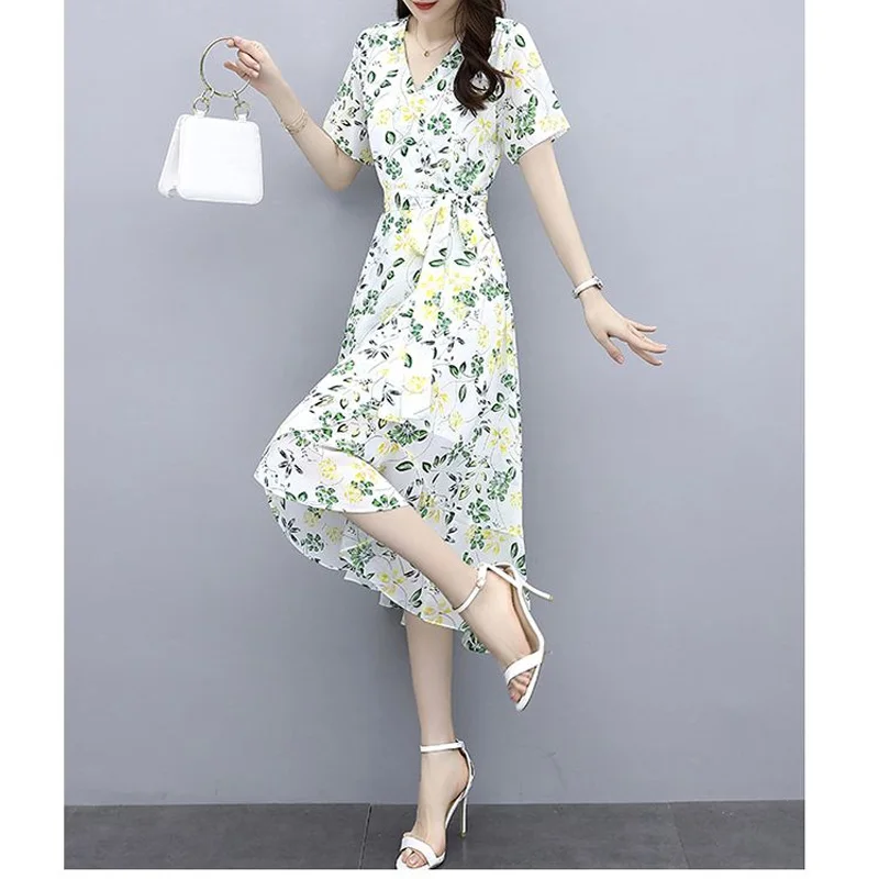 2023 New Summer Fashion Commuting Simple V-neck Printed Lace Up Waist Covering Belly Temperament Casual Irregular Dress