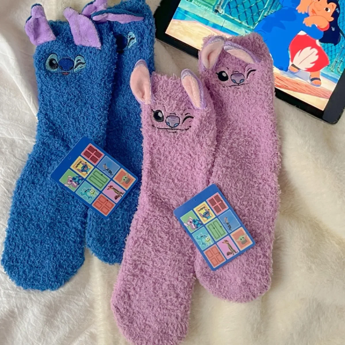 جوارب ديزني ستيتش الحرارية الكرتونية من الصوف المرجاني جوارب شتوية غير قابلة للانزلاق للنساء والرجال هدية عيد الميلاد وأعياد الميلاد