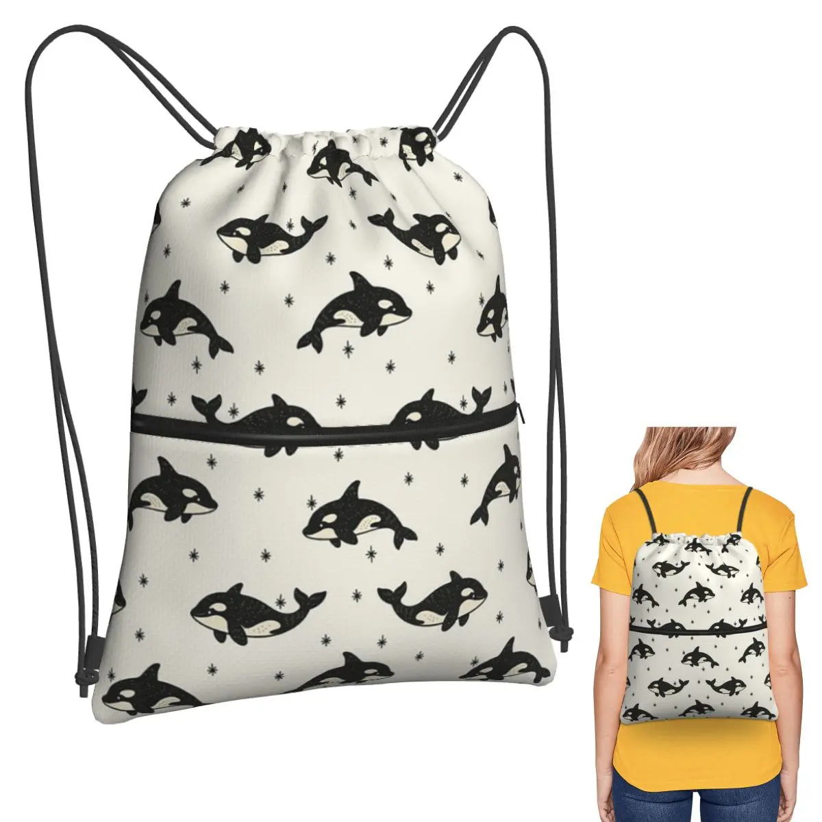 Killer Whale Orca Pattern Backpacks Fashion Drawstring Bags Sports Bag Book Bags for Travel Students