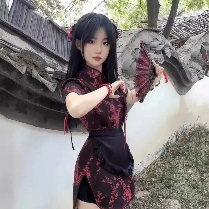 

Новый комплект фартуков для униформы горничной в китайском стиле 2025, традиционное платье Cheongsam Lolita для косплея, юбка, женская официантка, шеф-повар dfs3