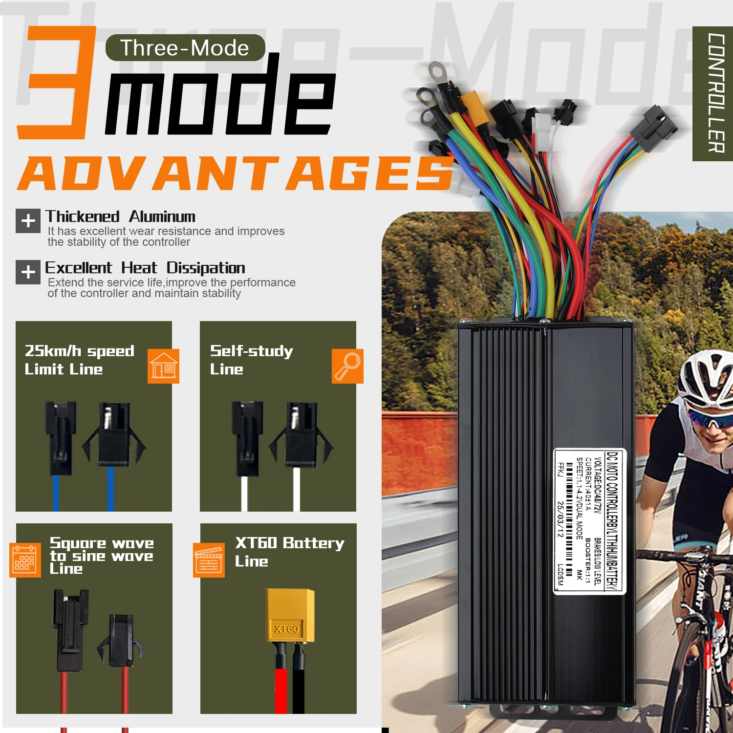 Ebike Three-Mode 48V 72V 40A Sine Wave/Square wave Learning Function Controller T24 Color LCD Display Throttle 1500W 2000W Motor