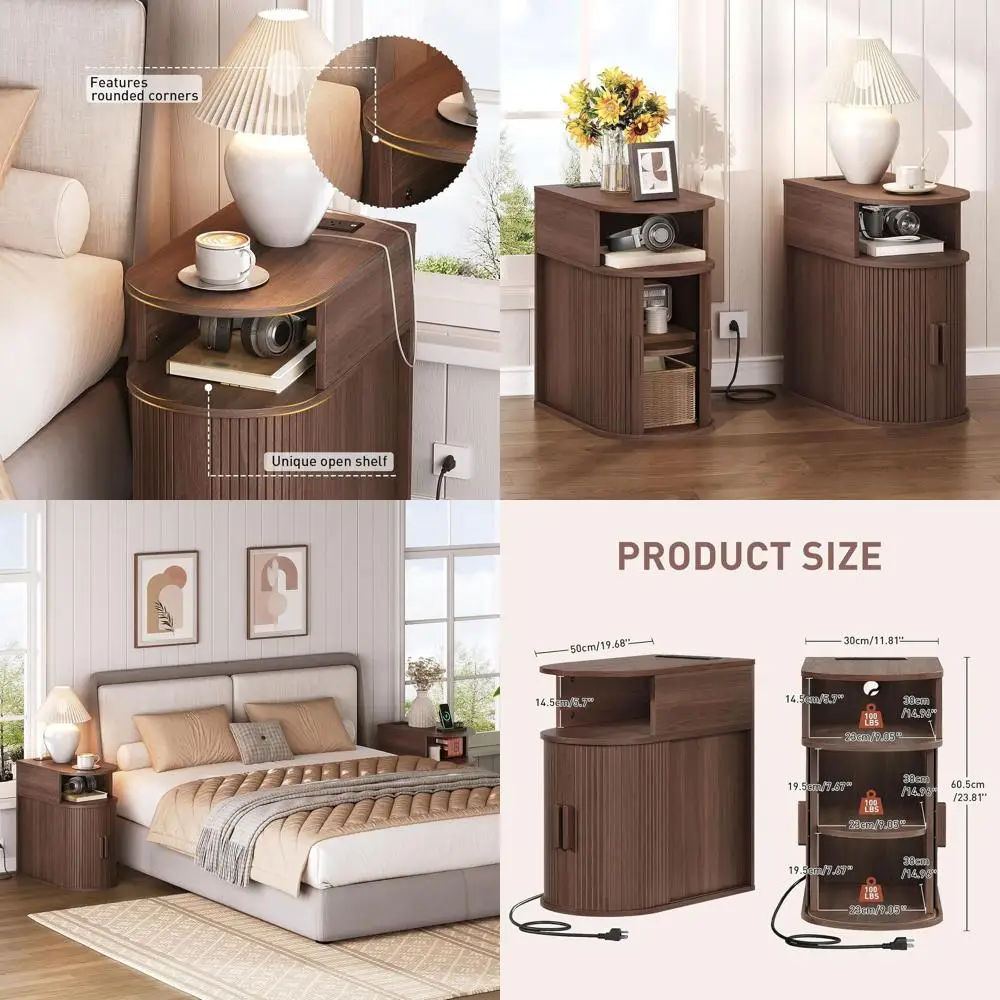 

Charging Station End Table, Fluted Curved Door Sofa Side Table with Shelf, Mid-Century Modern Nightstand, Walnut-finished Living