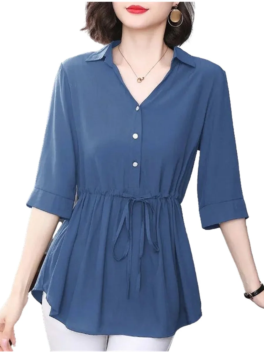 

5XL Women Spring Summer Blouses Shirts Lady Fashion Casual Short Sleeve V-Neck Collar Solid Color Blusas Tops MM2037