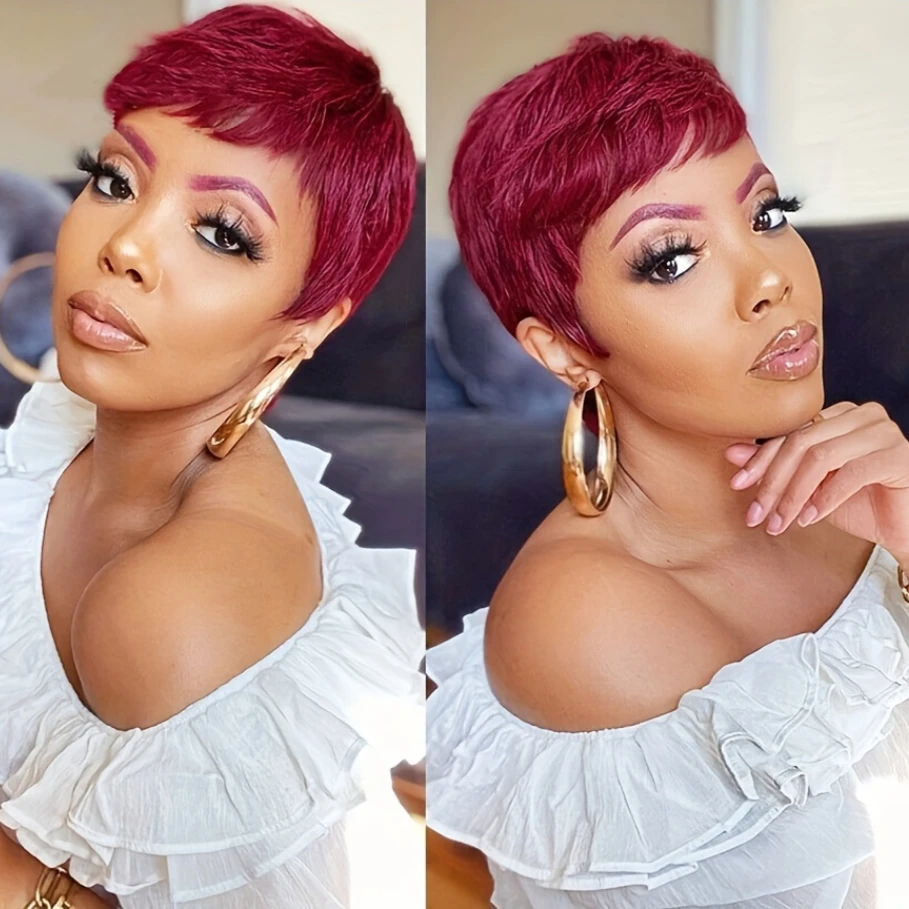 99Jカラーピクシーカットストレート人毛ウィッグ女性用フルマシンメイドウィッグショートレイヤードストレートウィッグ前髪付き