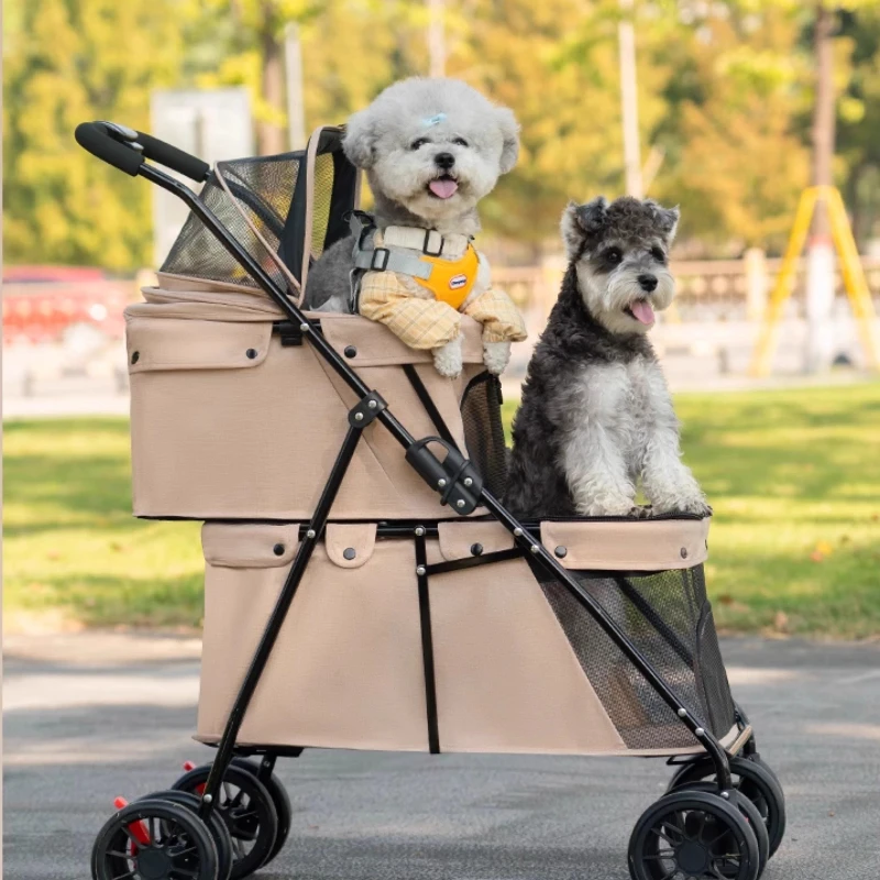 Cochecito para mascotas de dos pisos, portador ligero plegable para gatos/perros, asiento de viaje todoterreno con dosel, cochecito transpirable para exteriores