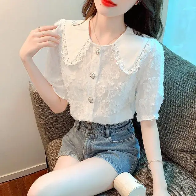 

Elegant Baby Collar Chiffon Blouse Women's Summer New French Style Sweet Top