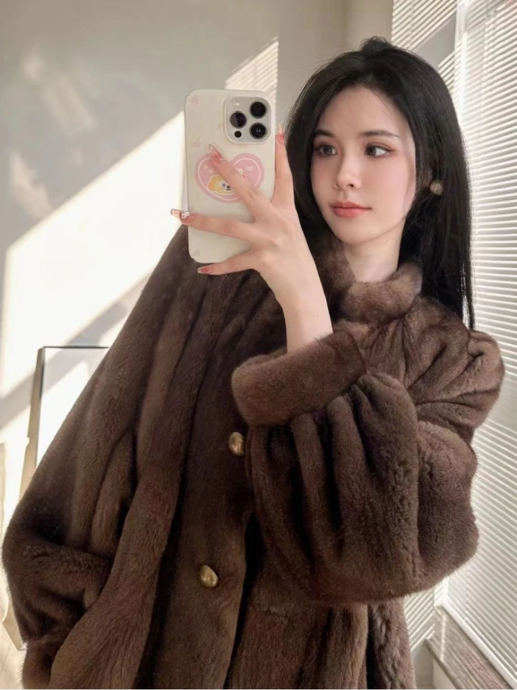 Fur Coat Women's Mink Whole Warm Stand Collar Button Loose Mid-Length Retro Fashion Casual All-Match Winter Basic Color High-End