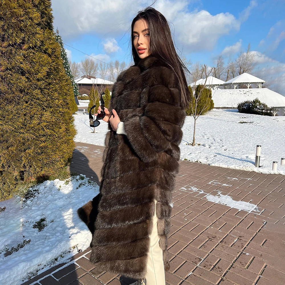 Mode Lange Echte Vossenbont Jas Donkere Sable Kleur Full Pelt Echt Vossenbont Jasje Met Revers Colla Winter Vrouw Dikke Bontoutwear