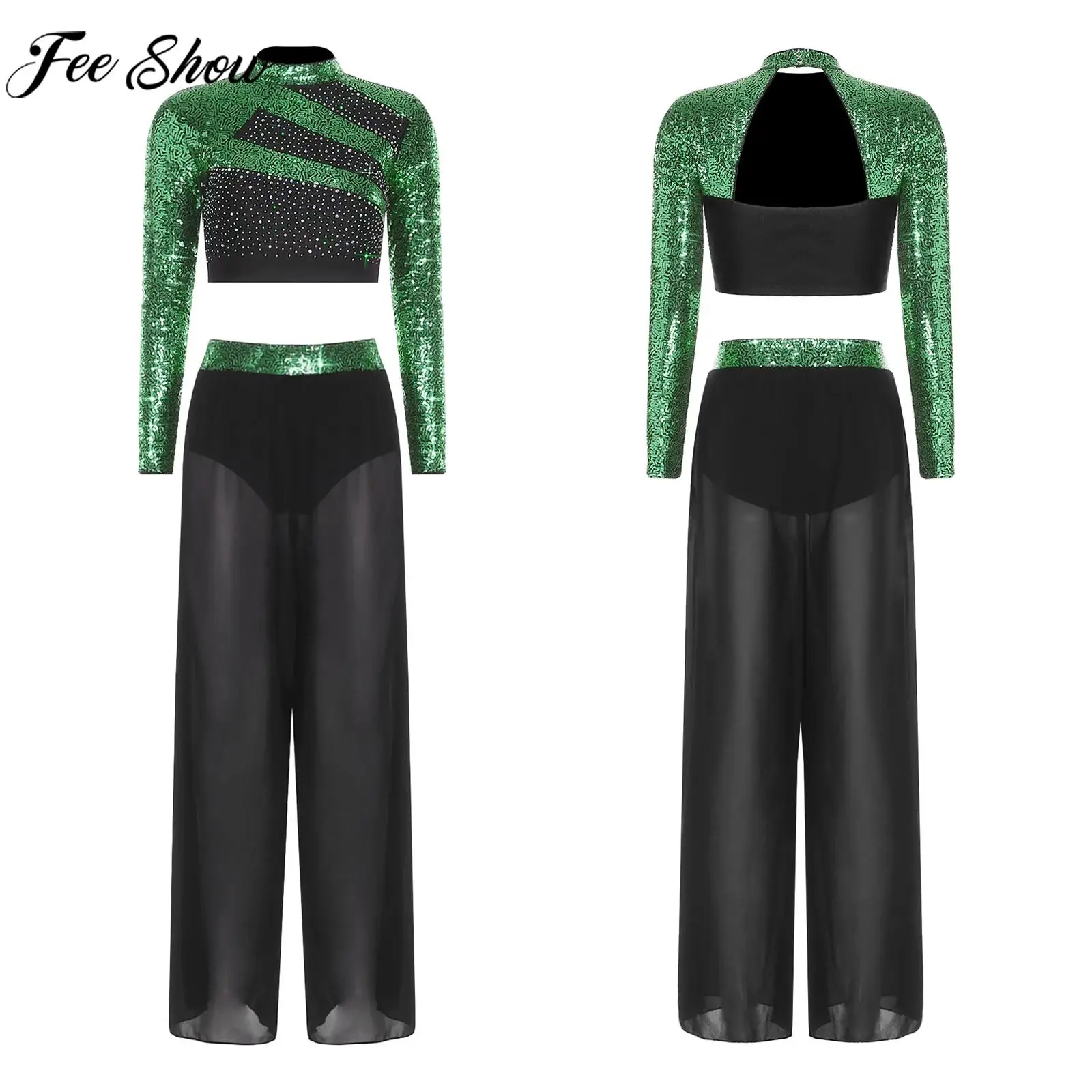 

Женский современный костюм для лирического танца: топ с пайетками и стразами, брюки с боковыми разрезами и встроенными трусиками для фигурного катания и гимнастики