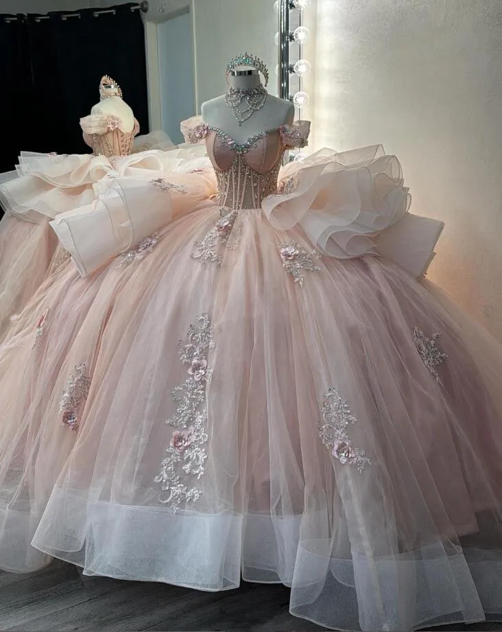 Perzik Roze Sprankelende Prinses Quinceanera Jurken 2024 Ruches Gezwollen Korset Botten Kristal Vestidos De 15 Años Sweet 16 Galajurk