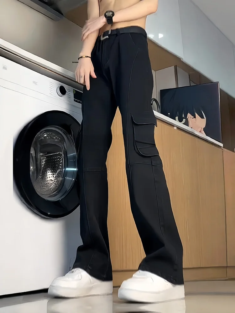 

Джинсы для рабочей одежды American High Street Bla, мужские джинсы Sle Cleanfit, высокие удлиненные прямые брюки-клеш с микро-клеш, молодежный тренд, хлото...