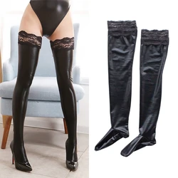 Plus Size Lace Top Silicone Stay Up Thigh High Stockings Gothic Punk PU Leather Pole Dance Clubwear Women Sexy Lingerie