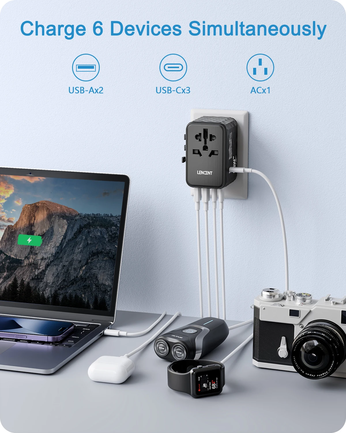 LENCENT 65W GaN 범용 여행용 어댑터(USB 2개 포함) 3 유형 C 고속 충전 올인원 여행용 충전기 EU/UK/USA/AUS 여행용 썸네일 2
