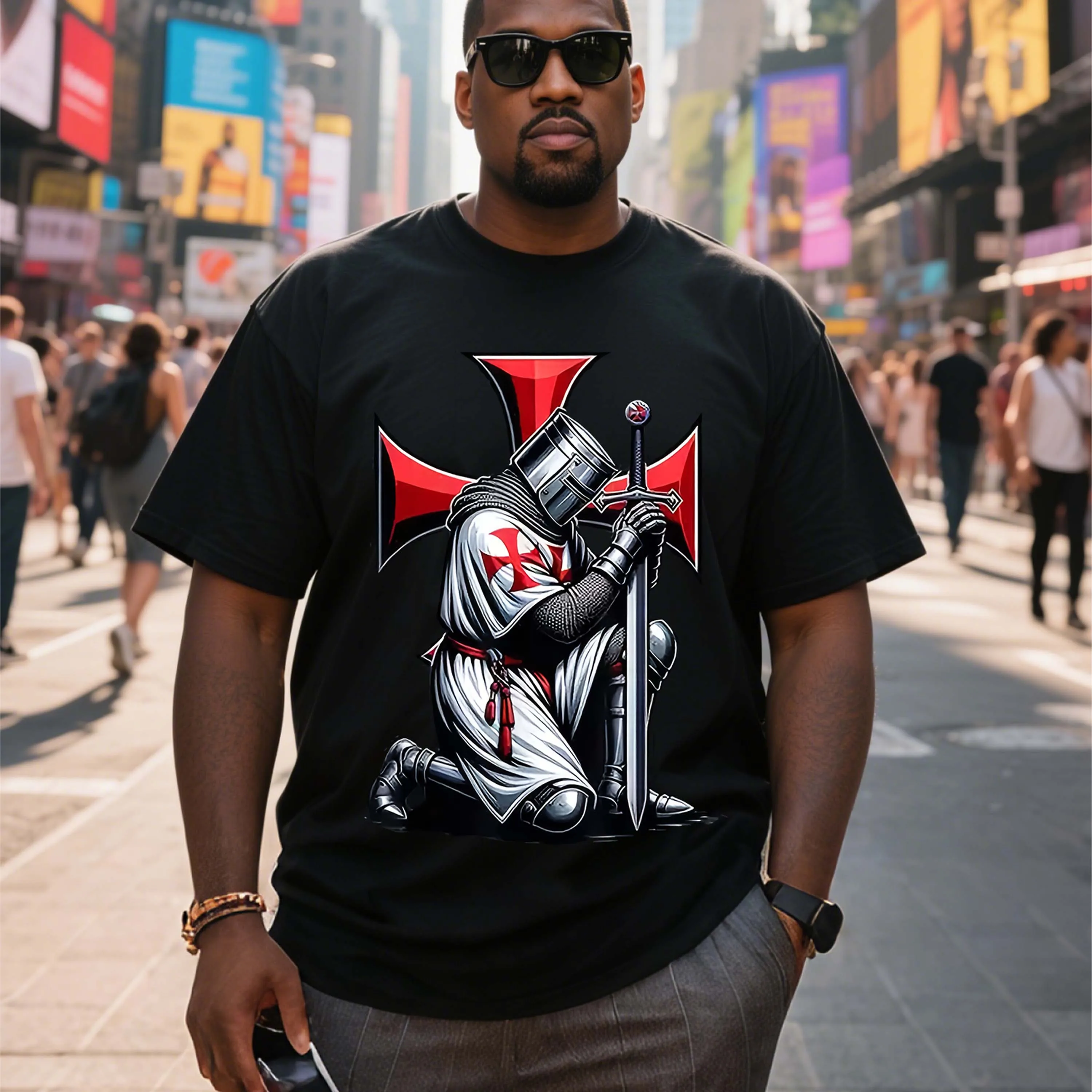 Plus size heren T-shirt met korte mouwen en kruisvaarder ridderpatroon zwart geschikt voor vrijetijdskleding buitenshuis in de zomer