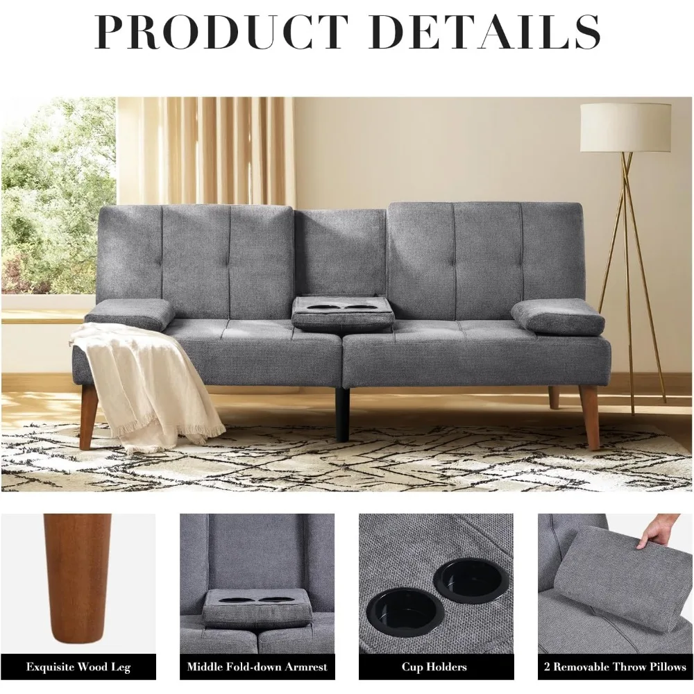 أريكة كولامي فوتون، أريكة صغيرة من القماش، صالة صغيرة قابلة للتحويل مع حاملين أكواب، مسند ذراع ناعم قابل للإزالة، ظهر قابل للتعديل