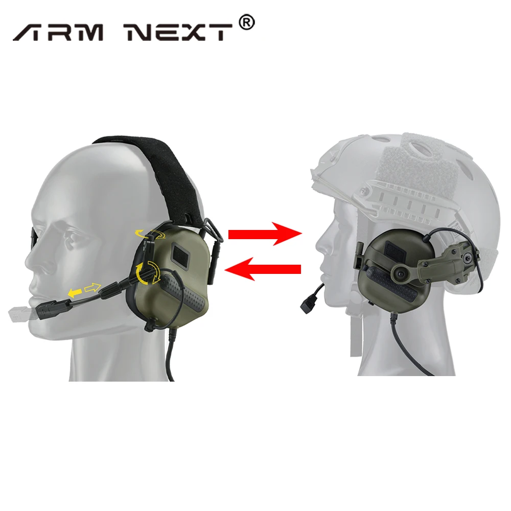 ARM NEXT F10 Shooting Earmuffs Tactical Noise Reduction Headset with Helmet ARC Rail Adapter with Kenwood PTT adapter New