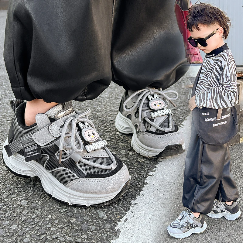 Autumn Winter Korean Style Fashion New Double Net Breathable Soft Bottom Anti Slip Kids Sports Cartoon Dad Shoe 26~37 Yards