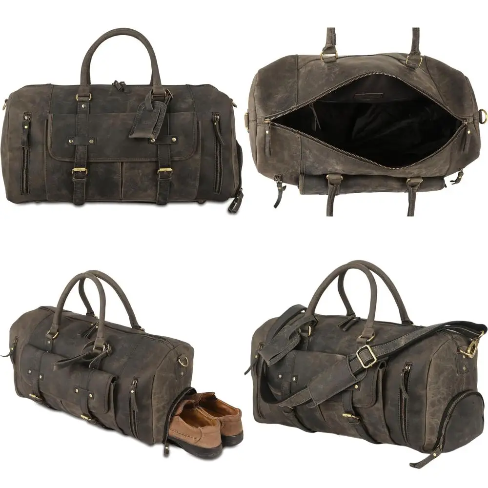 

24-дюймовые кожаные дорожные сумки для мужчин и женщин — для путешествий, ночевок, выходных и занятий в спортзале (угольно-черные с отделением для обуви)